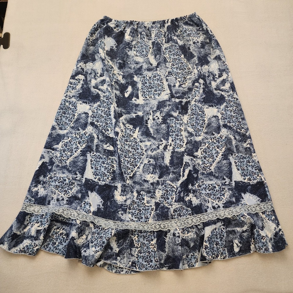 Vintage Mandy Evans Blue Floral Prairie Skirt Lace Trim Cottagecore Prairie M